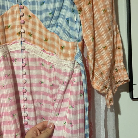 LoveShackFancy plaid tiered midi dress with pink, orange and yellow rosebuds - Picture 4 of 8